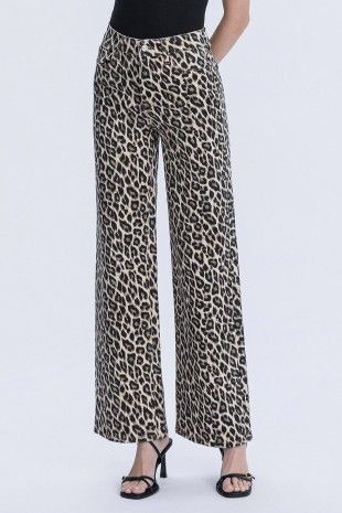 Leopard Print Wide Leg Jeans - Brown