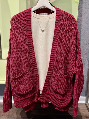 Chenille Cable Knit Cardigan - Wine