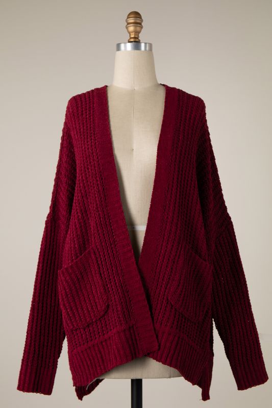 Chenille Cable Knit Cardigan - Wine