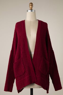 Chenille Cable Knit Cardigan - Wine
