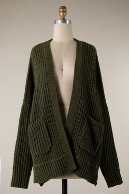 Chenille Cable Knit Cardigan - Olive