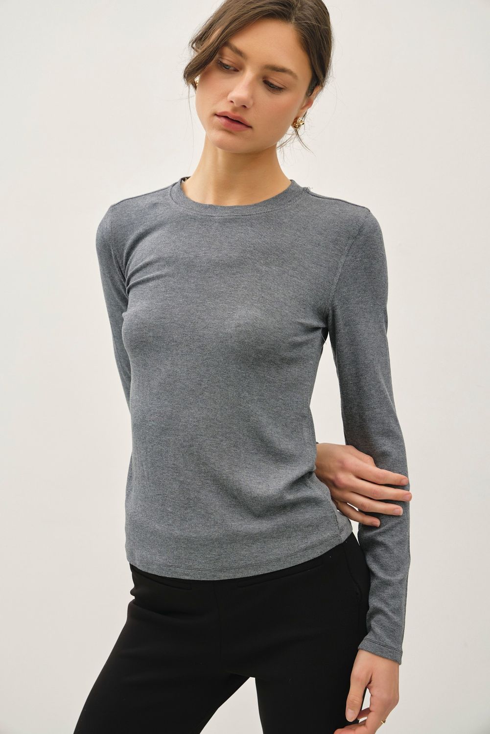 Ammie Long Sleeve Ribbed Top (Multiple Colors), Color: H. Grey, Size: Small