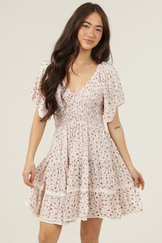 Ariana V-Neck Ditsy Dress - Ivory