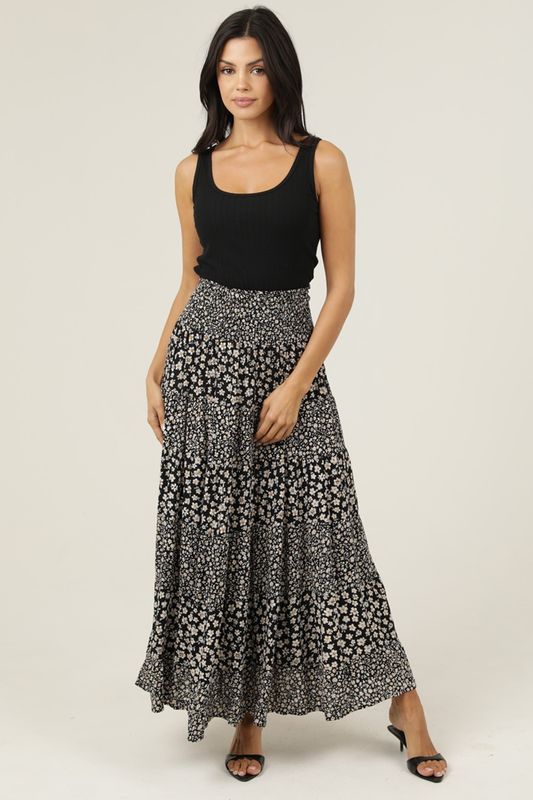 Tiffany A Line Skirt - Black Floral