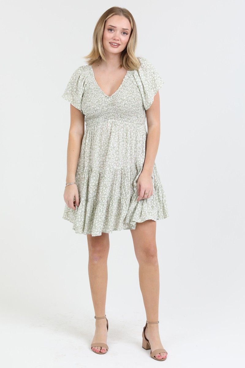 Ariana V-Neck Ditsy Dress - Sage