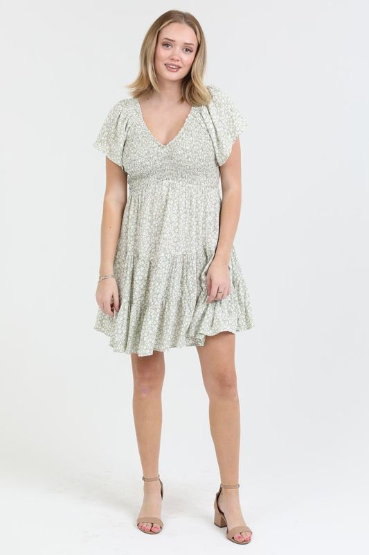 Ariana V-Neck Ditsy Dress - Sage