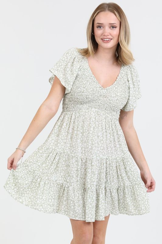 Ariana V-Neck Ditsy Dress - Sage
