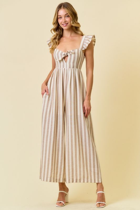 Striped Cotton Gauze Jumpsuit - Beige