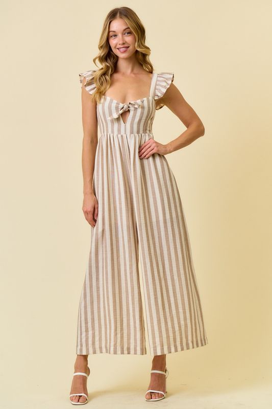 Striped Cotton Gauze Jumpsuit - Beige