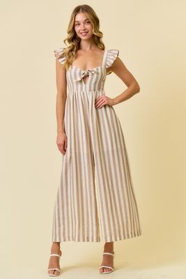 Striped Cotton Gauze Jumpsuit - Beige