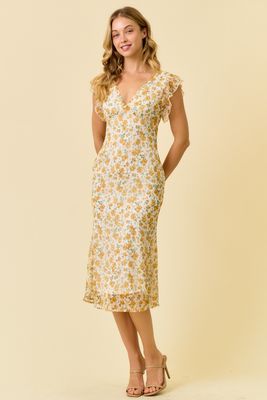 Floral Chiffon Midi Dress - Ivory