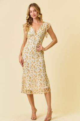 Floral Chiffon Midi Dress - Ivory