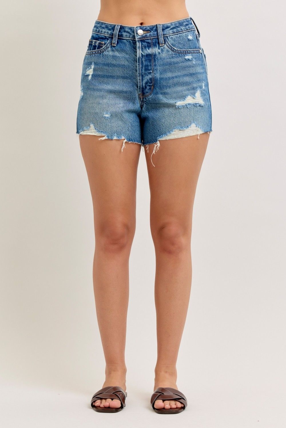 High Rise Distressed Shorts - Medium Blue