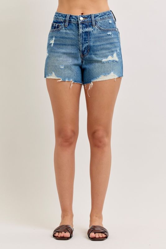 High Rise Distressed Shorts - Medium Blue