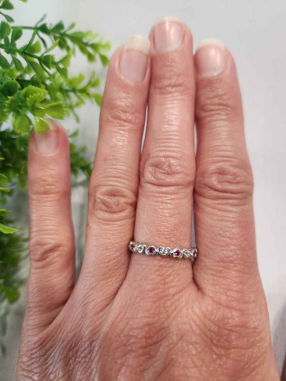 Silver Pink &amp; White Heart Eternity Ring - Size 6