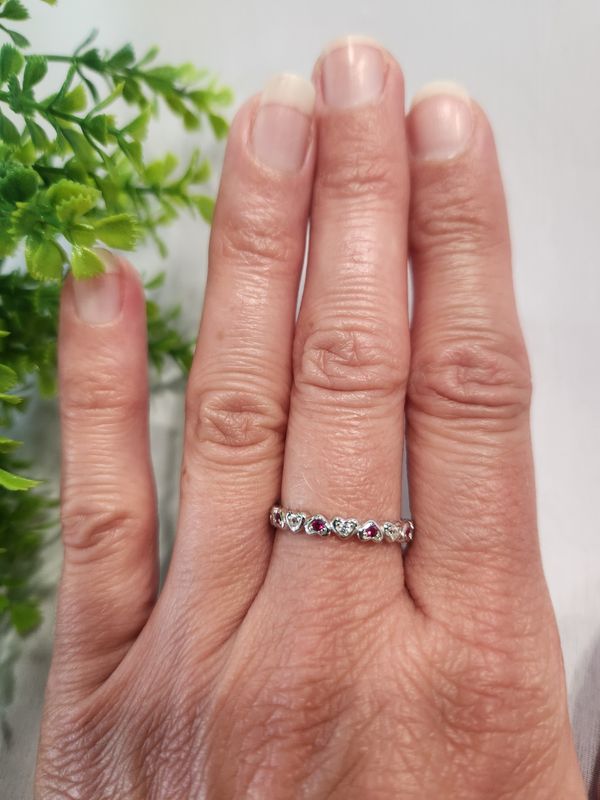 Silver Pink &amp; White Heart Eternity Ring - Size 6