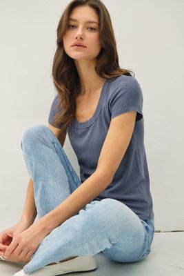 Raina Ribbed Scoop Neck - Charcoal Blue