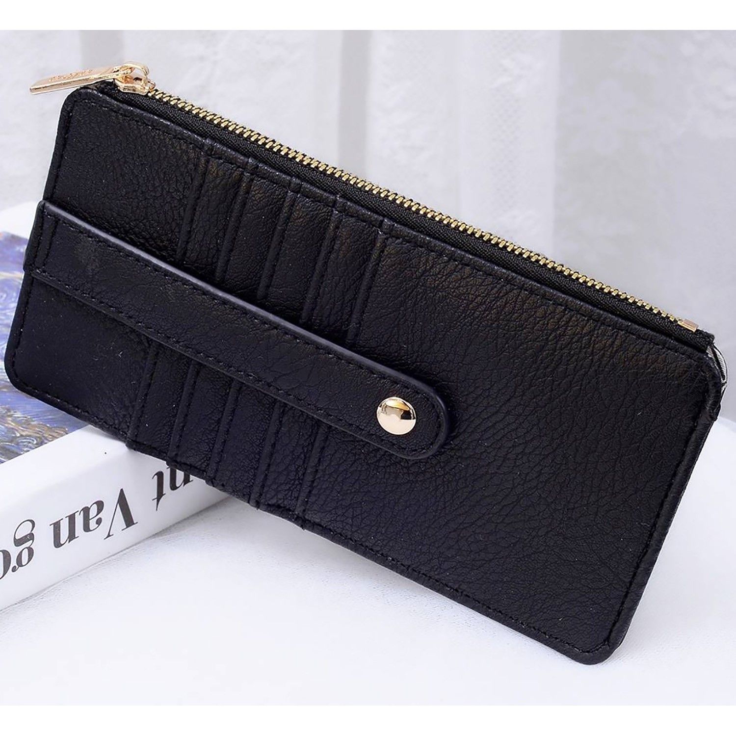 Slim Card Holder with Zipper, Color: Black