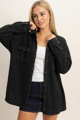 Kinsley Waffle Knit Shacket - Black