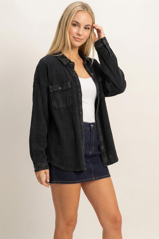 Kinsley Waffle Knit Shacket - Black