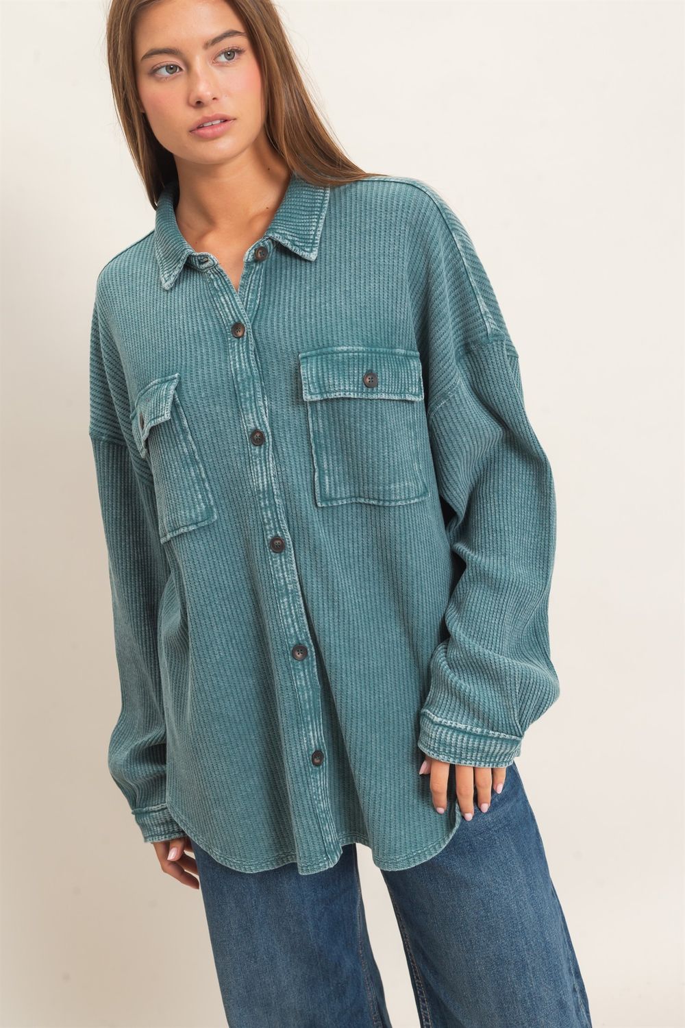 Kinsley Waffle Knit Shacket - Dk. Teal