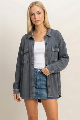 Kinsley Waffle Knit Shacket - Dk. Grey