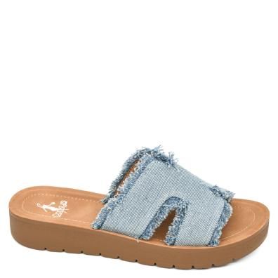 CORKYS FRAYED CANVAS FLAT SLIDE SANDAL