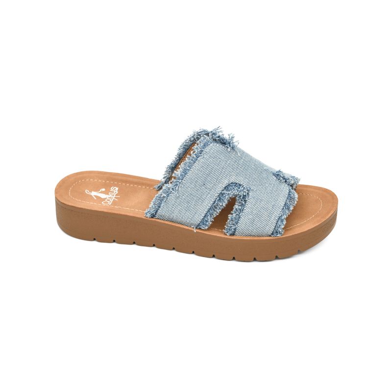 Hold Please Frayed Denim Slide Sandal | Corkys