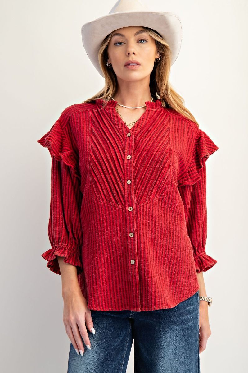 Red Stripe Ruffle Trim Blouse | Easel