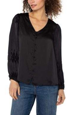 LIVERPOOL BLK SHINY WOVEN PLEAT SLV BLOUSE