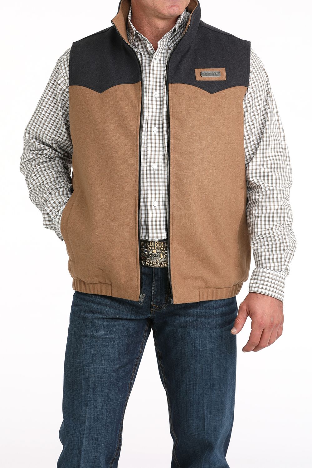 CINCH BRN WOOLY CONCEAL VEST W/BLK YOKE