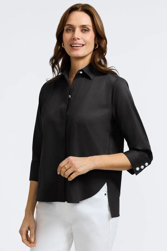 FOXCROFT | WOMENS BLACK SATEEN BLOUSE WITH PEARL CUFF DETAIL