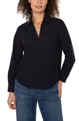 LIVERPOOL | WOMENS BLACK LONG SLEEVE ZIP FRONT STRETCH KNIT SHIRT