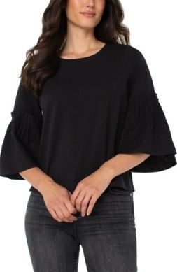 LIVERPOOL | WOMENS BLACK EMBROIDERED BELL SLEEVE TOP