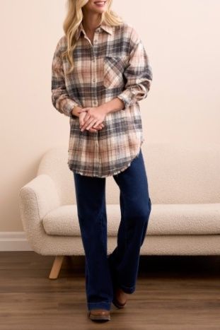 TRIBAL | WOMENS PLAID FRINGE HEM SHIRT