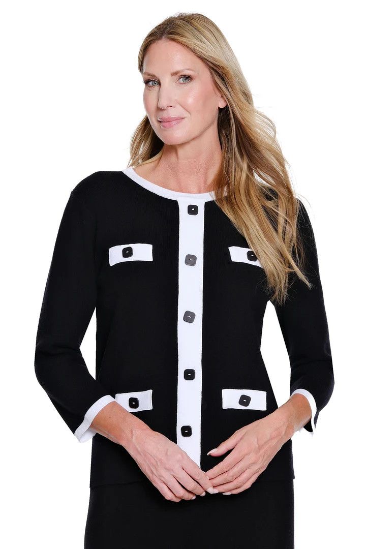 MULTIPLES BLK/WHT FAUX BTN KNIT TOP