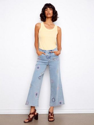 Wide Leg Stretch Denim Pant W/All Over Embroidered Flowers | Charlie B C5779/431