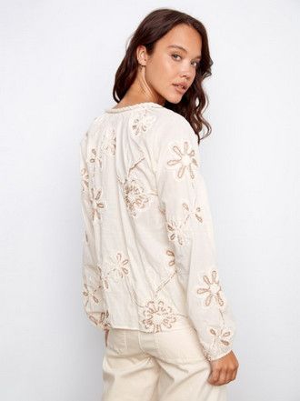 Women's Ecru Long Sleeved Embroidered Blouse | Charlie B C4570DR/559C