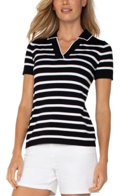 Women's Short Sleeve Collared Sweater Blk/Wht Stripe | Liverpool LM8H29SK79