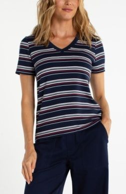 Women's Short Sleeve V-Nk Nvy Striped Knit Tee | Liverpool LM8J70KT60