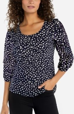 Women's Ruffled Sleeve Scoop Nk  Navy Top W/Tiny Daisies | Liverpool LM8K81PK4P38