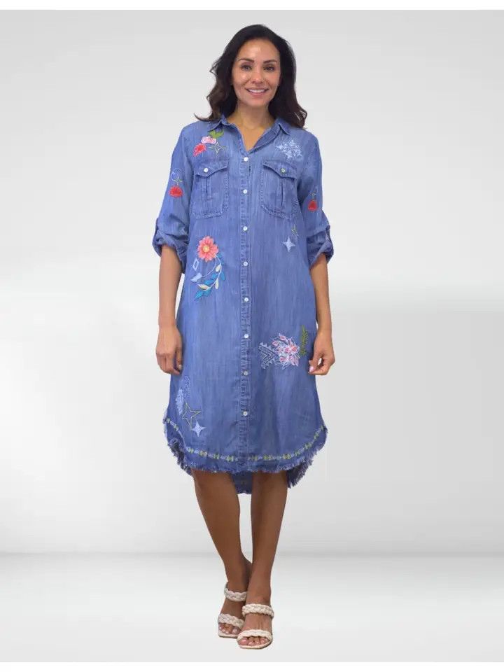 Chambray Mid Calf Embroirdered Dress | Kyla Seo Inez