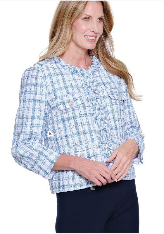 MULTIPLLES | WOMENS PLAID WHITE/TURQ TWEED JACKET