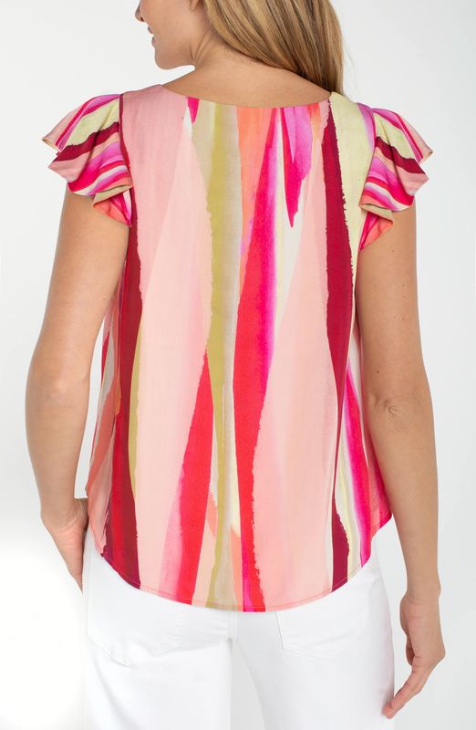 LIVERPOOL | WOMENS PINK MULTI FLUTTER SLEEVE WOVEN TOP