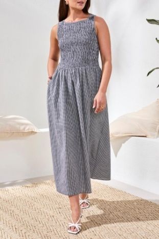 TRIBAL | BLK GINGHAM CHK DRESS W/SMOCKED BODICE
