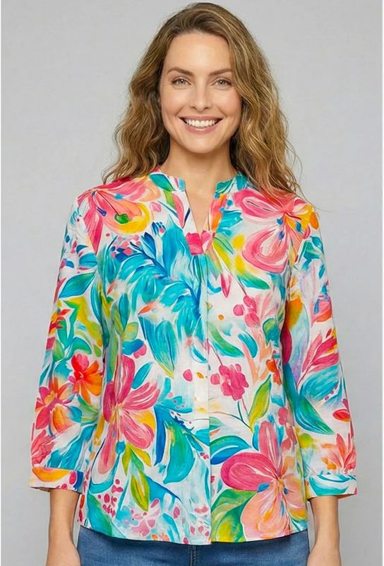 ETHYL FUSCIA/TURQ FLORAL BTN FRNT VNK 3/4 SLV