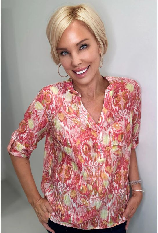 ETHYL RED/CORAL PAISLEY POPOVER BLOUSE