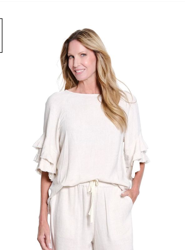 MULTIPLES | WOMENS TEXTURED SLUB TOP WITH FLOUNCE FRINGE SLEEEVE