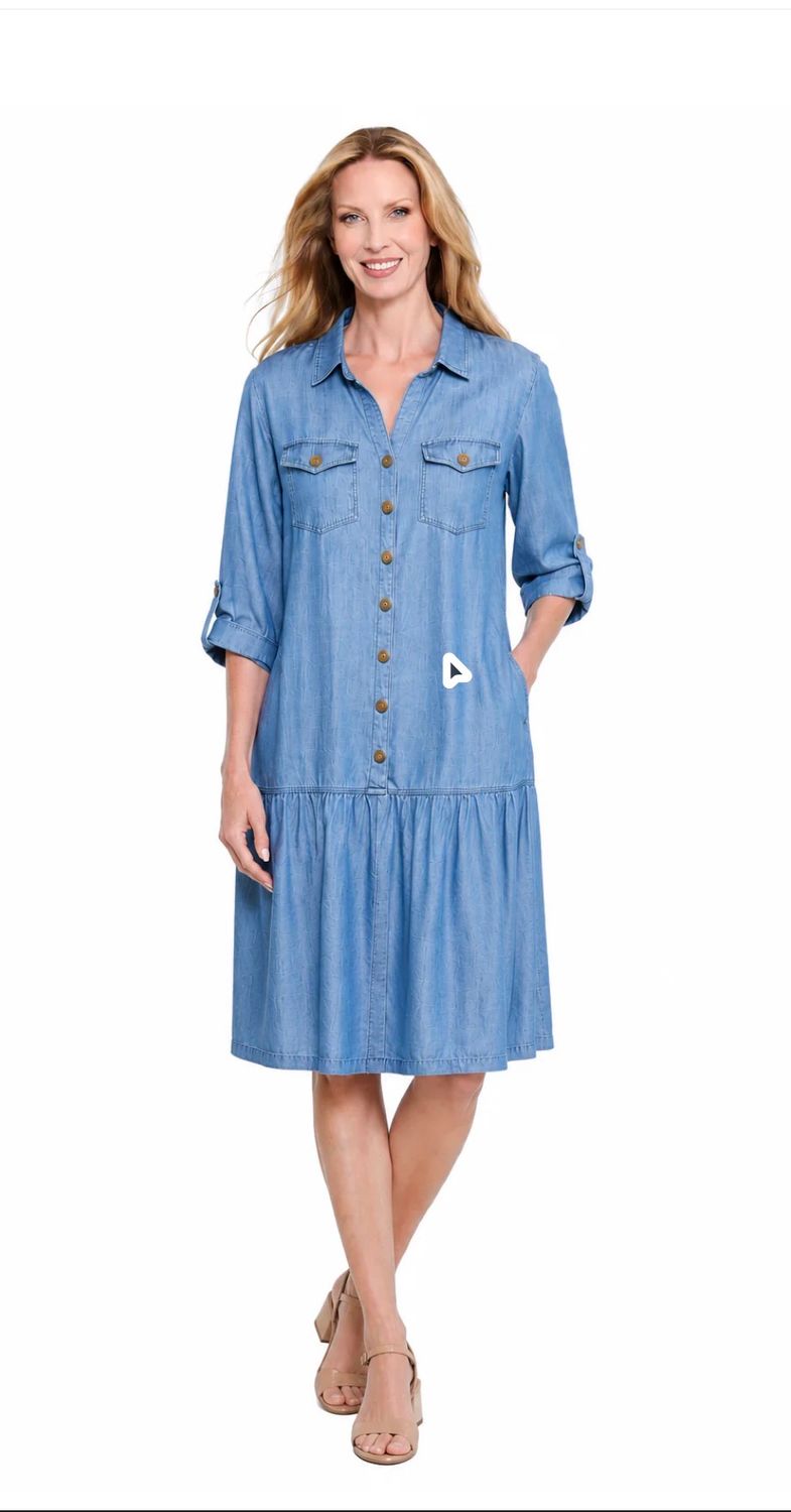 MULTIPLES | WOMENS DENIM FLOUNCE HEM DRESS