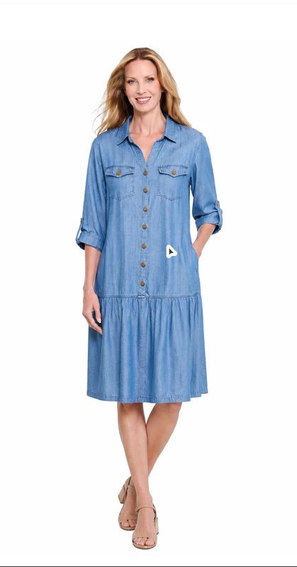 MULTIPLES | WOMENS DENIM FLOUNCE HEM DRESS